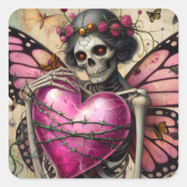 Fantasy Skeleton With Barbed Wire Heart  Square Sticker (Front)