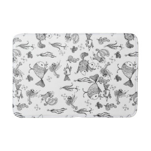 Fantasy sketched fishes creachers plants leaves se bath mat