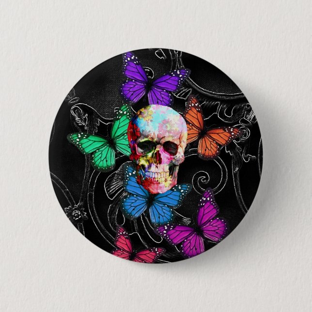 Fantasy skull and coloured butterflies 2 inch round button (Front)