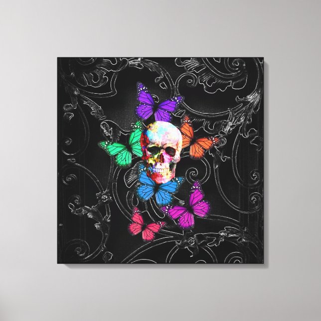 Fantasy skull and coloured butterflies canvas print (Front)