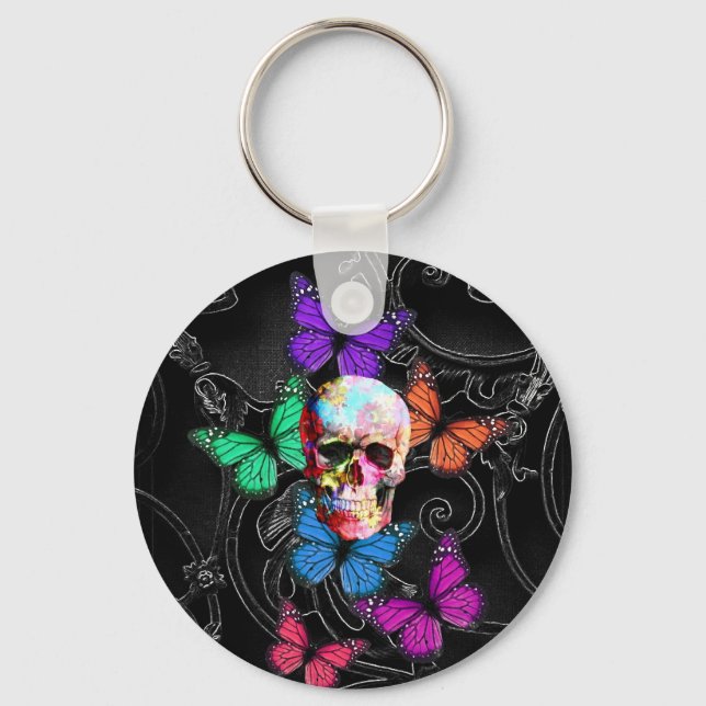 Fantasy skull and coloured butterflies keychain (Front)