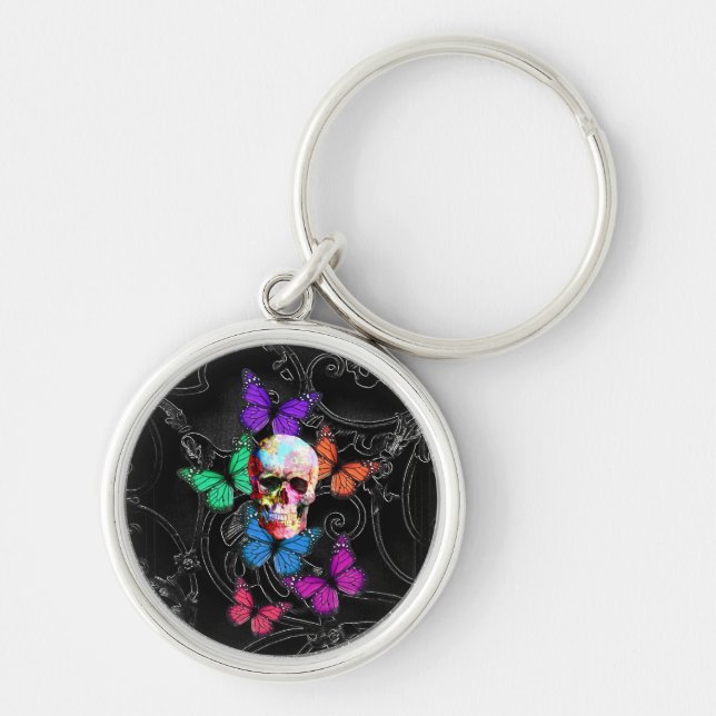 Fantasy skull and coloured butterflies keychain (Front)