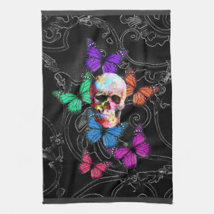 Fantasy skull and coloured butterflies kitchen towel