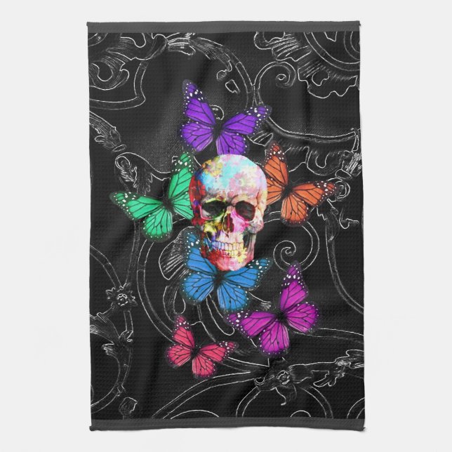 Fantasy skull and coloured butterflies kitchen towel (Vertical)