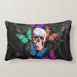 Fantasy skull and coloured butterflies lumbar pillow