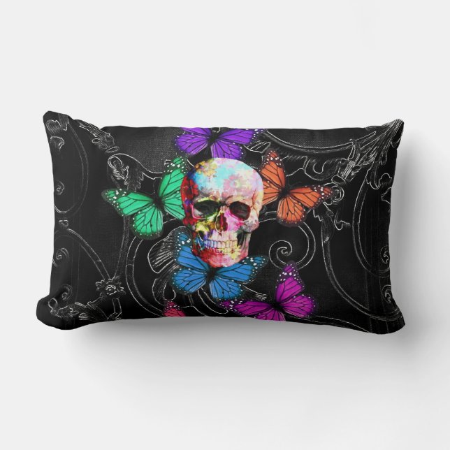 Fantasy skull and coloured butterflies lumbar pillow (Front)