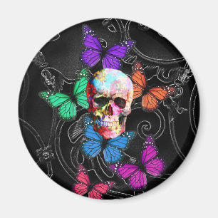 Fantasy skull and coloured butterflies magnet