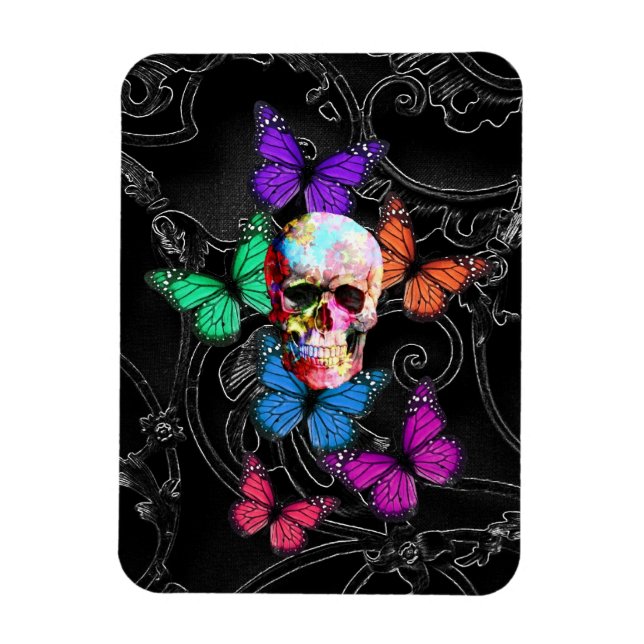 Fantasy skull and coloured butterflies magnet (Vertical)