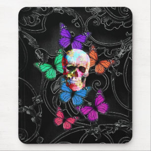 Fantasy skull and coloured butterflies mouse pad