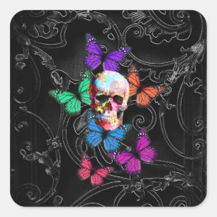 Fantasy skull and coloured butterflies square sticker