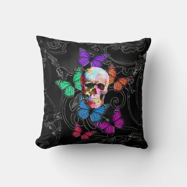 Fantasy skull and coloured butterflies throw pillow (Front)