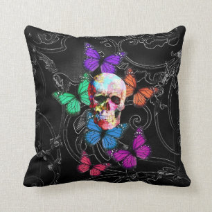 Fantasy skull and coloured butterflies throw pillow
