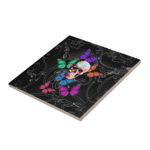 Fantasy skull and coloured butterflies tile