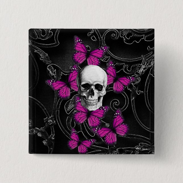 Fantasy skull and hot pink butterflies 2 inch square button (Front)