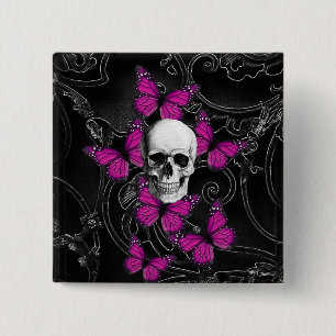 Fantasy skull and hot pink butterflies 2 inch square button