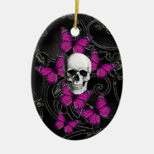 Fantasy skull and hot pink butterflies ceramic ornament