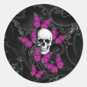 Fantasy skull and hot pink butterflies classic round sticker