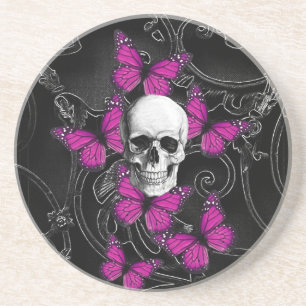 Fantasy skull and hot pink butterflies coaster