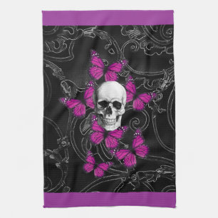 Fantasy skull and hot pink butterflies kitchen towel