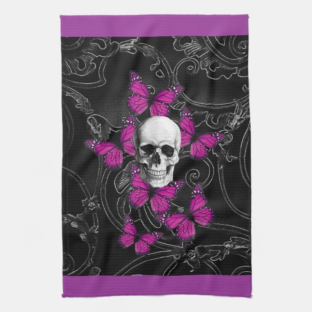 Fantasy skull and hot pink butterflies kitchen towel (Vertical)