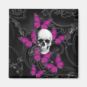 Fantasy skull and hot pink butterflies magnet