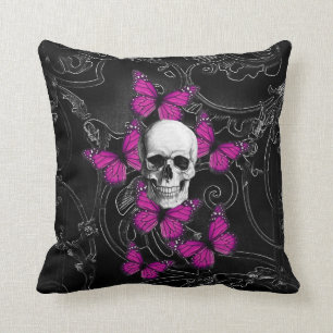 Fantasy skull and hot pink butterflies throw pillow