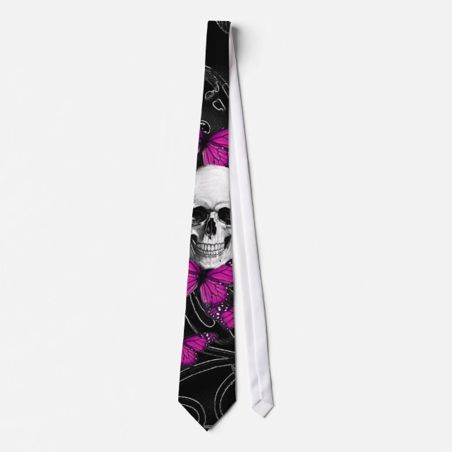 Fantasy skull and hot pink butterflies tie (Front)