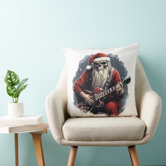 Fantasy Skull Skeleton Santa Playing Guitar Night Throw Pillow (Chair)