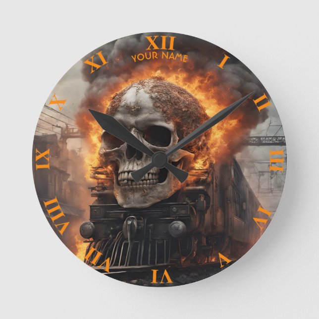 Fantasy Skull Train Flames Wreck Round Clock (Front)
