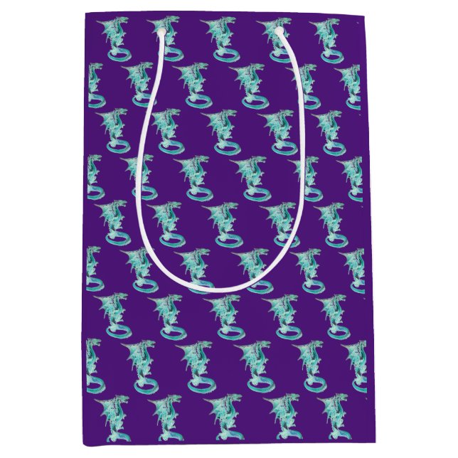 Fantasy Sky Blue Dragon – Purple Mythical Creature Medium Gift Bag (Front)