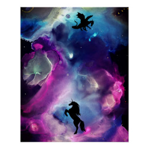 Fantasy Space Nebula Unicorn Dragon Pink blue Poster
