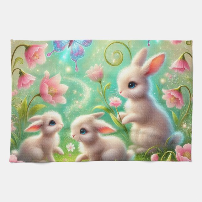 Fantasy Spring Bunny Garden Kitchen Towel (Horizontal)