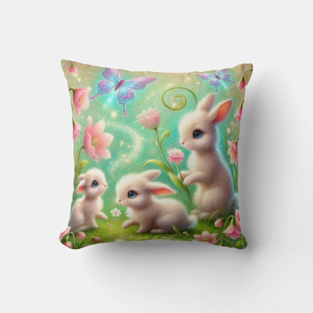 Fantasy Spring Bunny Garden Throw Pillow (Front)