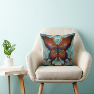 Fantasy Steampunk Orange Butterfly Aqua Watercolor Throw Pillow
