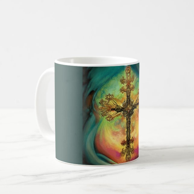 Fantasy Steampunk Ornate Cross In Aqua Coffee Mug (Front Left)