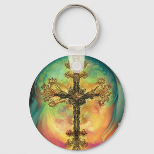 Fantasy Steampunk Ornate Cross In Aqua Watercolor Keychain