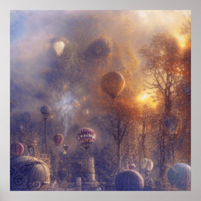 Fantasy Steampunk Vintage Hot Air Balloons Poster (Front)