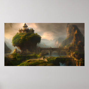 Fantasy summer vacation at a resort with a bridge poster