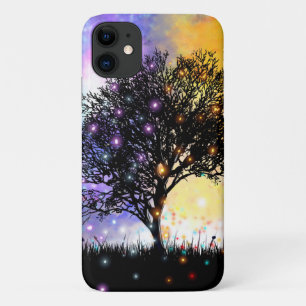 Fantasy sun moon sky with black silhouette tree iPhone 11 case