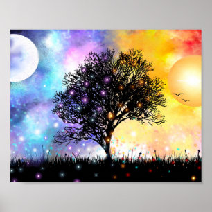 Fantasy sunset and moonrise with rainbow colours poster
