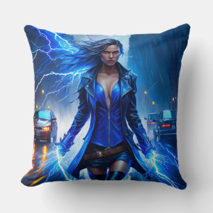 Fantasy Super Hero Girl With Lightning Power Throw Pillow