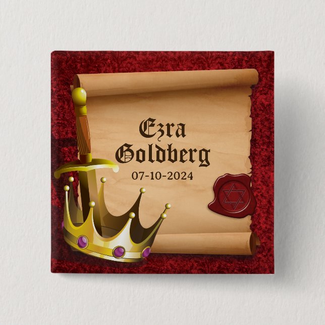 Fantasy Sword Crown Medieval Knight Bar Mitzvah 2 Inch Square Button (Front)