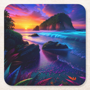 Fantasy Tropical Beach One Square Paper Coaster