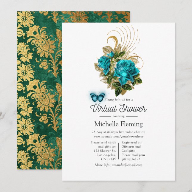 Fantasy Turquoise and Gold Virtual Shower Invitation (Front/Back)