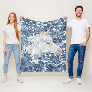 Fantasy Unicorn Blue Flowers Butterflies Girly Fleece Blanket