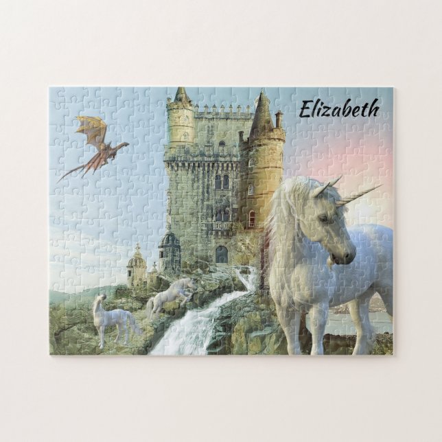 Fantasy Unicorn Castle Dragon Personalized Jigsaw Puzzle (Horizontal)