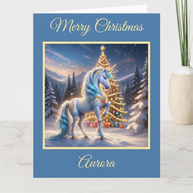 Fantasy Unicorn in a Christmas Winter Wonderland Card (Front)