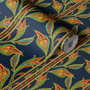 Fantasy vine of gold, red, gree, leaves on navy wallpaper