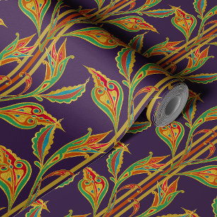 Fantasy vine of gold, red, gree, leaves on plum wallpaper