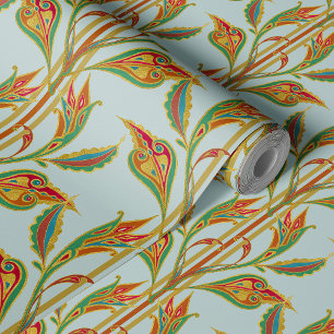 Fantasy vine of gold-red leaves on sea glass wallpaper